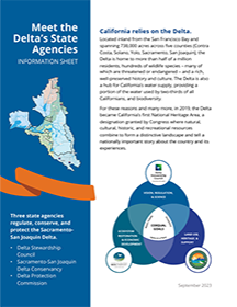 Meet the Delta’s State Agencies A screenshot of an information sheet describing the unique missions of the California state agencies focused on the Sacramento-San Joaquin Delta: the Delta Stewardship Council, the Delta Protection Commission, and the Delta Conservancy.