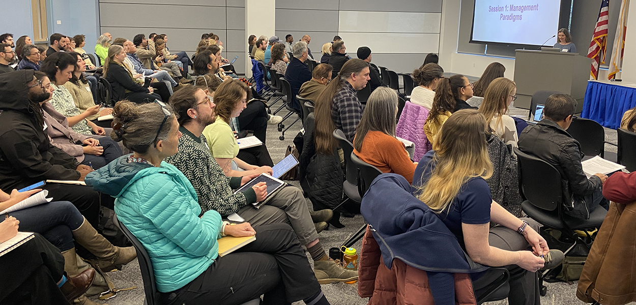 Elizabeth Brusati presenting on Management Paradigms at the 2025 Delta Invasive Species Symposium.