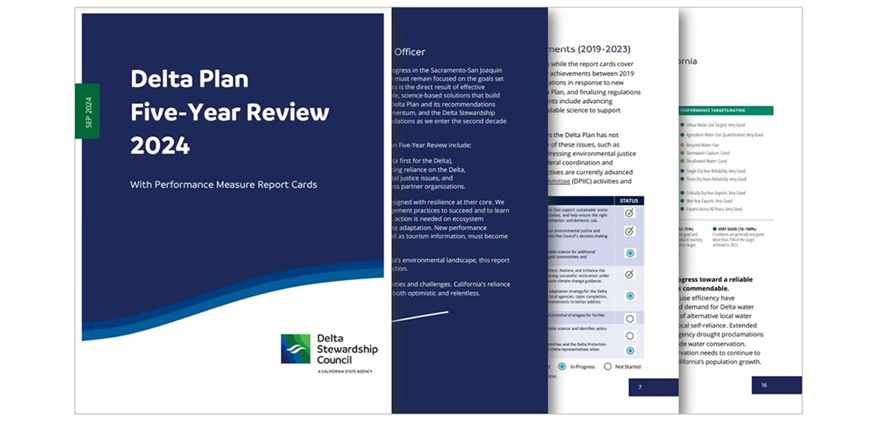 A screenshot of pages sampled from the Delta Stewardship Council’s 2024 Delta Plan Five-Year Review.