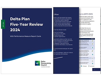 A screenshot of pages sampled from the Delta Stewardship Council’s 2024 Delta Plan Five-Year Review.