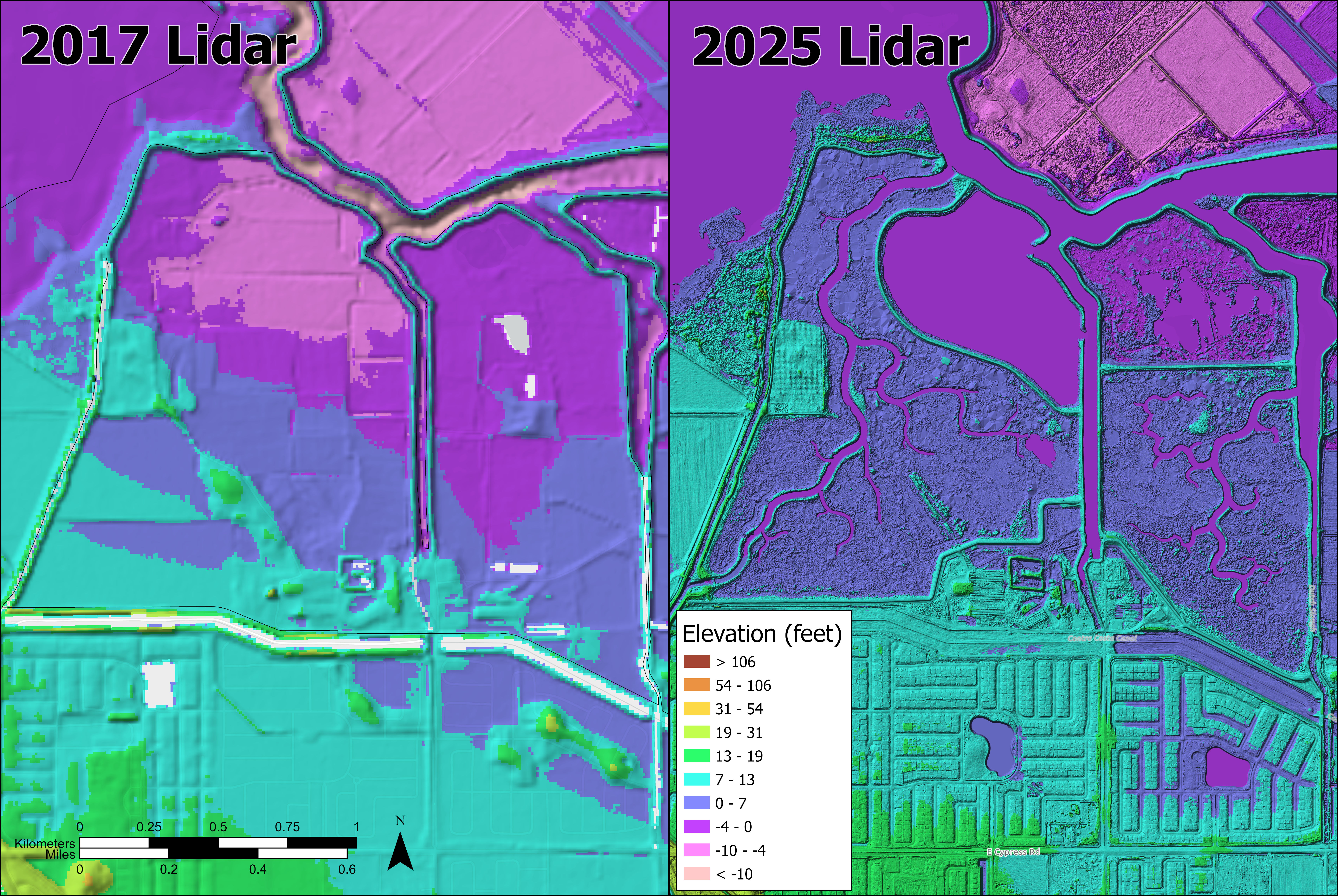 2017 vs. preliminary 2025 lidar DEM, showing landscape changes at Lookout Slough Tidal Habitat Restoration Project in Solano County. Flown at low tide with greater accuracy, the 2025 survey reveals terrain details that matter for flood planning, wetland restoration, and community protection.