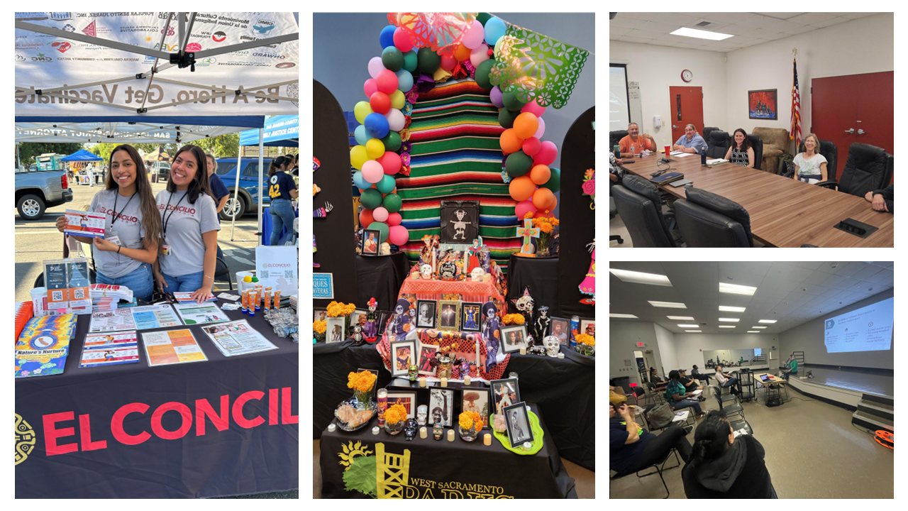 Images from left to right and top to bottom: El Concilio staff at a Stockton Neighborhood Night Out Event Summer 2024, Arts in the Heart Dia De Los Muertos Display in West Sacramento, Council staff with Hood Community Council, Council staff presenting at a Conway Homes Resident Council meeting in Stockton.