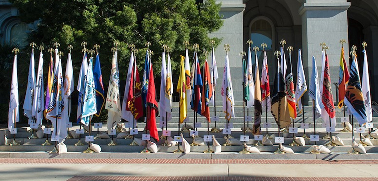 Flags on display for Native American Day at the California State Capitol.