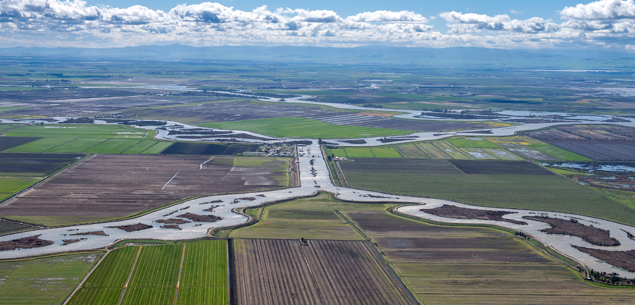 An aerial photo of farmland and waterways in the Sacramento-San Joaquin Delta with rolling hills and sky in the background.