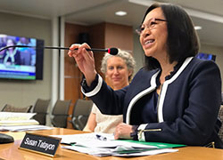Delta Stewardship Council Chair Susan Tatayon speaking into a Delta Independent Science Board Meeting microphone.