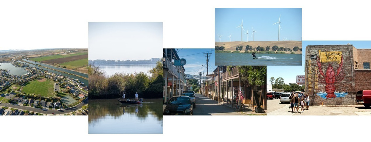 A collage of images showing the Sacramento-San Joaquin Delta region from multiple perspectives: land, air, and water.